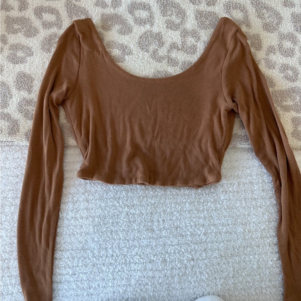 Brown/Tan Longsleeve Open Back Crop Top
